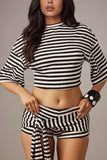 Striped Crew Neck Tie-Waist Short Set