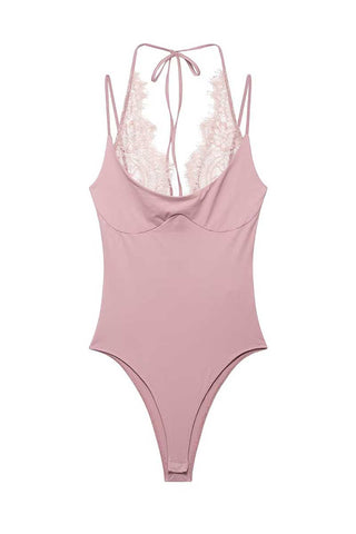 Lace Insert Tie-Back Sleeveless Bodysuit