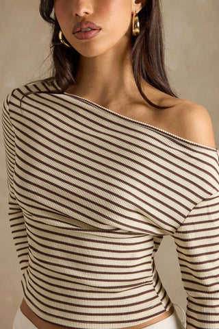 Ribbed One-Shoulder Striped Long Sleeve Top