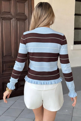 Striped Ruffle Trim Crew Neck Sweater