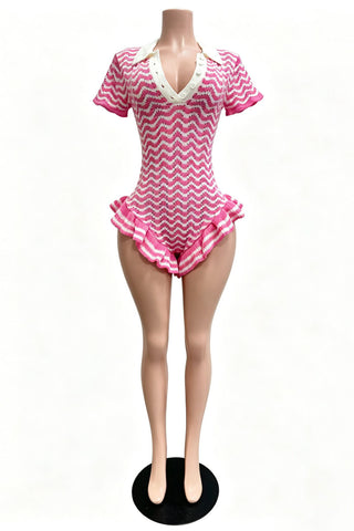 Chevron Knit Collared Ruffle Romper