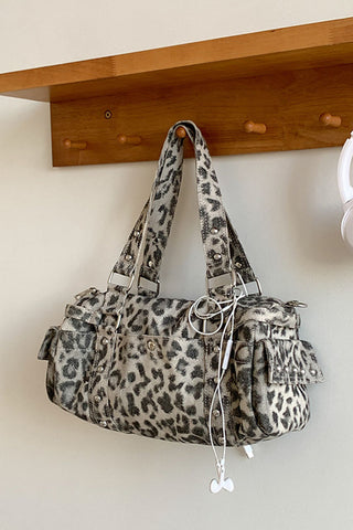 Leopard Print Studded Multi-Pocket Tote Bag