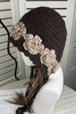 Crochet Floral Applique Beaded Tie Hat