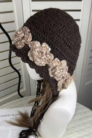 Crochet Floral Applique Beaded Tie Hat