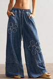Floral Applique Drawstring Wide Leg Baggy Jeans