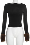 Faux Fur Cuff Long Sleeve Crop Top
