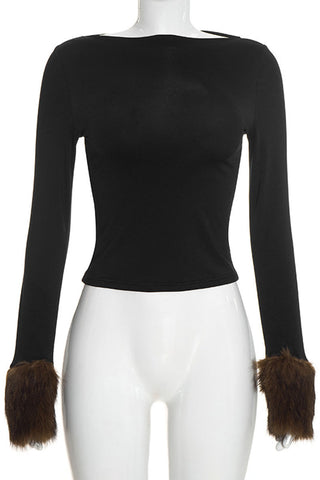 Faux Fur Cuff Long Sleeve Crop Top