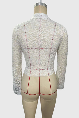Lace Bell Sleeve Tie Neck Cutout Blouse