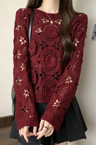 Floral Crochet Long Sleeve Cover-Up