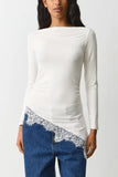 Ruched Long Sleeve Lace Trim Top