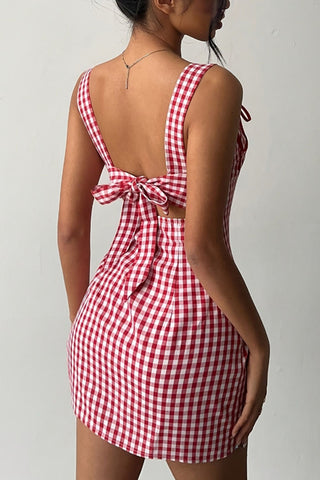 Gingham Tie-Back Square Neck Mini Dress