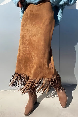 Fringe Hem Slip Midi Skirt