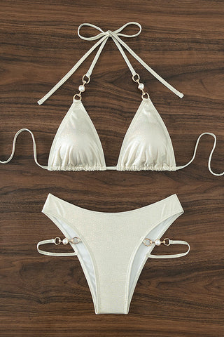 Halter Bikini Set with Pearl Accents