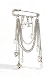 Layered Chain Pearl Heart Dangle Brooch