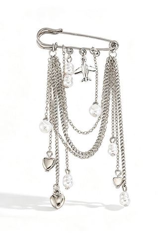 Layered Chain Pearl Heart Dangle Brooch