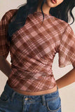 Sheer Plaid Flutter Sleeve Ruched Top