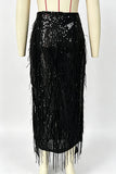 Sequin Fringe High-Waist Midi Skirt