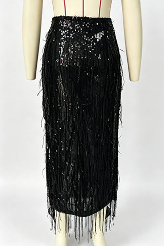 Sequin Fringe High-Waist Midi Skirt