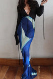 Sheer Sleeve V-Neck Abstract Print Maxi Dress
