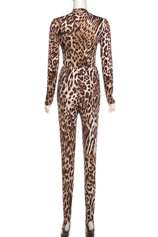 Sheer Mock Neck Animal Print Pants Set