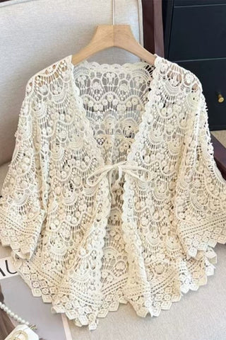 Lace Bow Tie Bell Sleeve Open Front Blouse