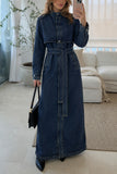 Belted Mock Neck Denim Maxi Coat