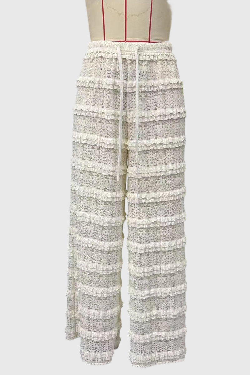 Lace Ruffle Drawstring Wide Leg Pants