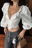 Lace Puff Sleeve Lace-Up Crop Top