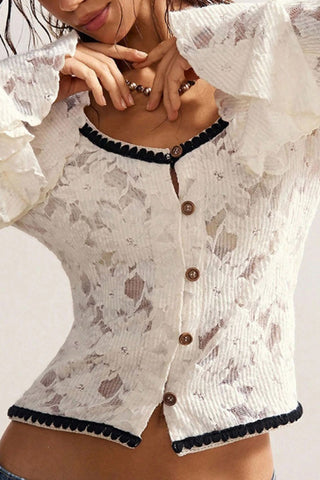 Lace Ruffle Sleeve Button-Front Blouse