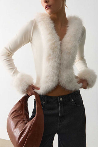 Faux Fur Trim V-Neck Crop Top