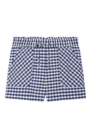 Plaid Band Collar Top and Drawstring Short Set