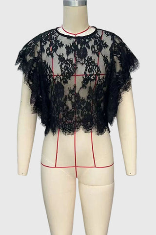 Sheer Lace Flutter Sleeve Crop Top