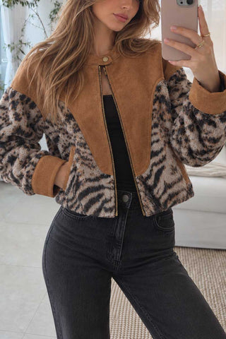 Animal Print Zip-Up Bomber Jacket