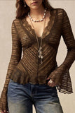 Sheer Floral Lace V-Neck Bell Sleeve Blouse