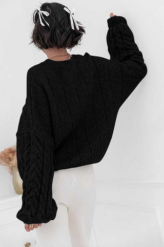 Cable Knit Crew Neck Balloon Sleeve Sweater