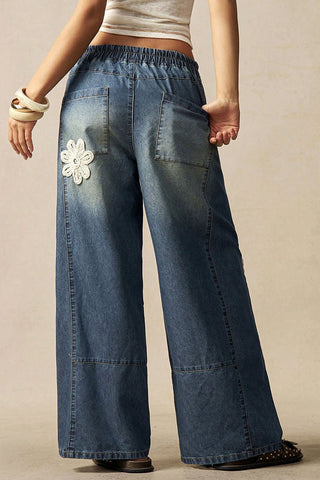 Floral Crochet Applique Drawstring Baggy Jeans