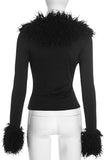 Fuzzy Trim Zip-Front Long Sleeve Top