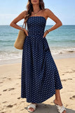 Polka Dot Strapless Ruched Maxi Dress