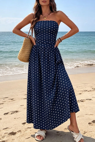 Polka Dot Strapless Ruched Maxi Dress