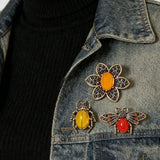 Flower Bee Beetle Brooch Set