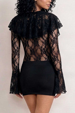 Sheer Lace Ruffle V-Neck Mini Dress