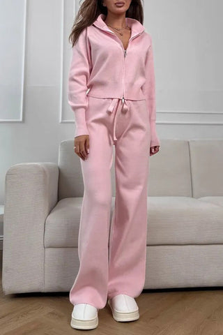 Zip-Front Mock Neck Knit Pants Set