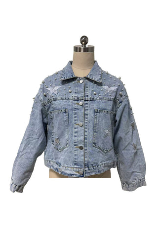 Pearl Star Embellished Distressed Denim Jacket