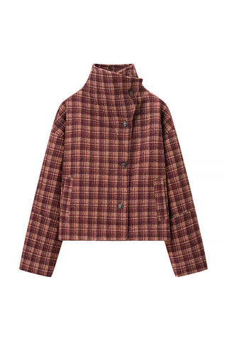 Plaid Mock Neck Button-Front Jacket