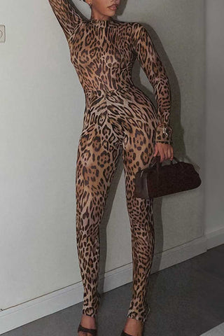 Sheer Mock Neck Animal Print Pants Set