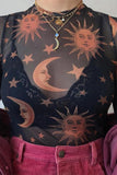 Sheer Mesh Celestial Print Long Sleeve Blouse