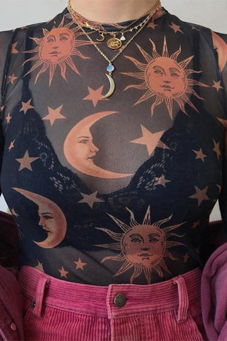 Sheer Mesh Celestial Print Long Sleeve Blouse