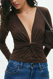 Deep V-Neck Ruched Front Long Sleeve Blouse
