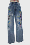 Distressed Paint-Splatter Straight Jeans