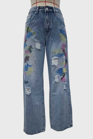 Distressed Paint-Splatter Straight Jeans